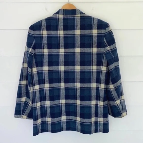 Vintage 90s Wool Blend Blue Plaid Jacket Medium - Picture 3 of 15